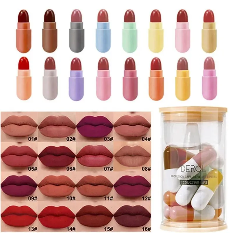 16pcs Cute Mini Capsule Lipsticks Matte Velvet Waterproof Non-stick Capsule Lipsticks