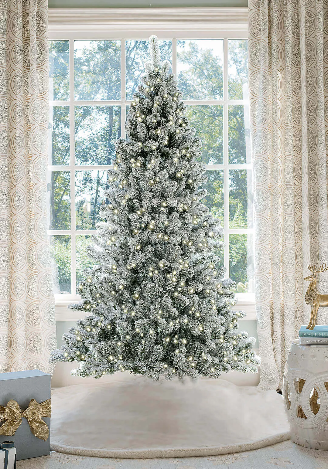 9' Prince Flock® Artificial Christmas Tree with 650 Warm White LED Lights