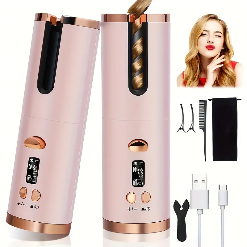 Cordless Automatic Curling Iron - USB Rechargeable, Anti-Tangle, Ceramic Cylinder, Quick Heating, 5-Level Temperature Control - Perfect For Long Hair, Includes Gift Box