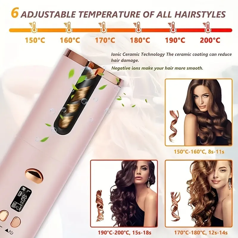 Cordless Automatic Curling Iron - USB Rechargeable, Anti-Tangle, Ceramic Cylinder, Quick Heating, 5-Level Temperature Control - Perfect For Long Hair, Includes Gift Box