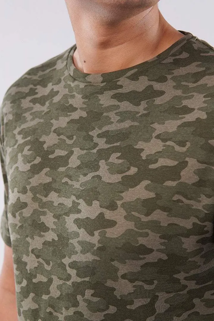 Curved Hem Camouflage T-Shirt - Green