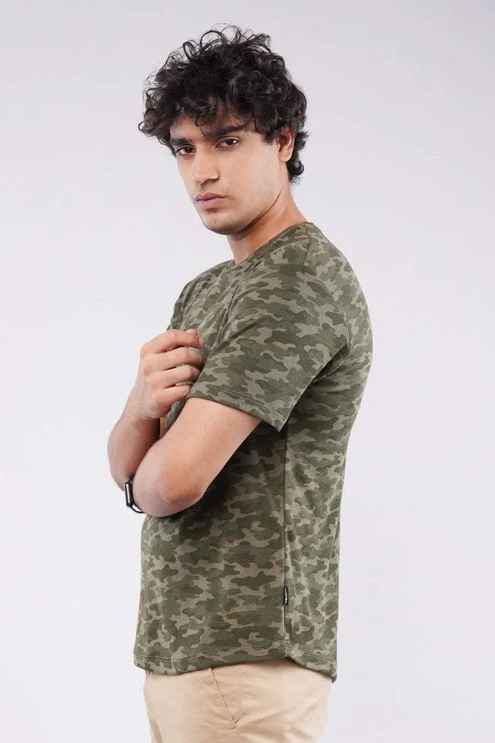 Curved Hem Camouflage T-Shirt - Green