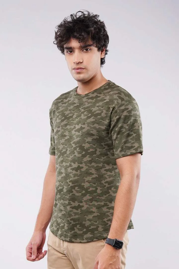 Curved Hem Camouflage T-Shirt - Green