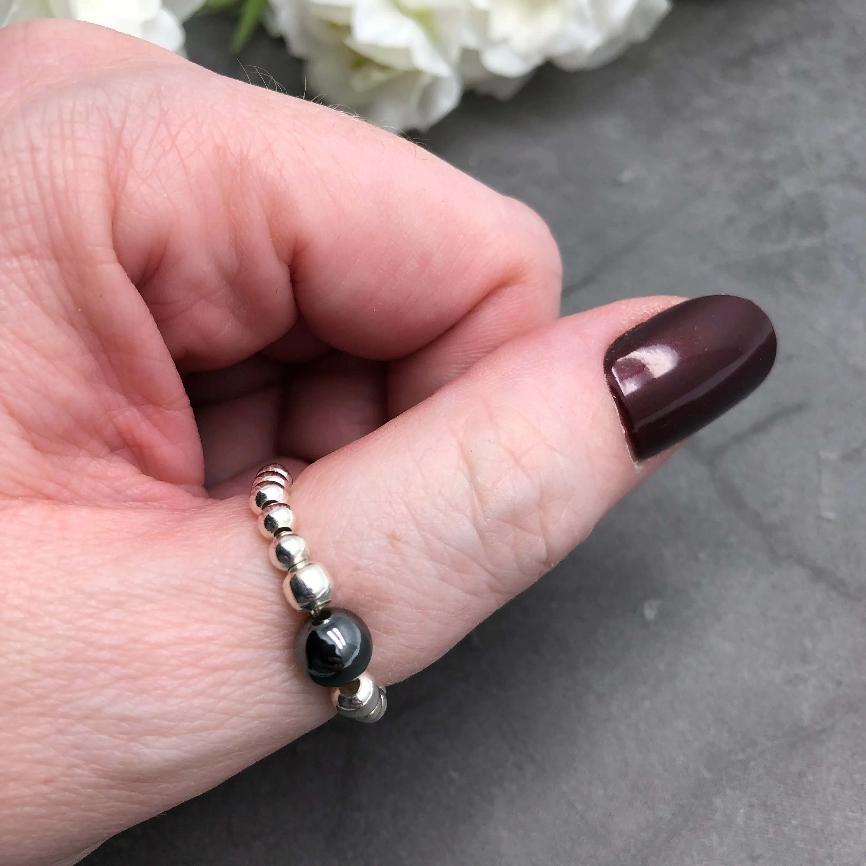 Hematite Stretch Ring with Silver Plated Beads