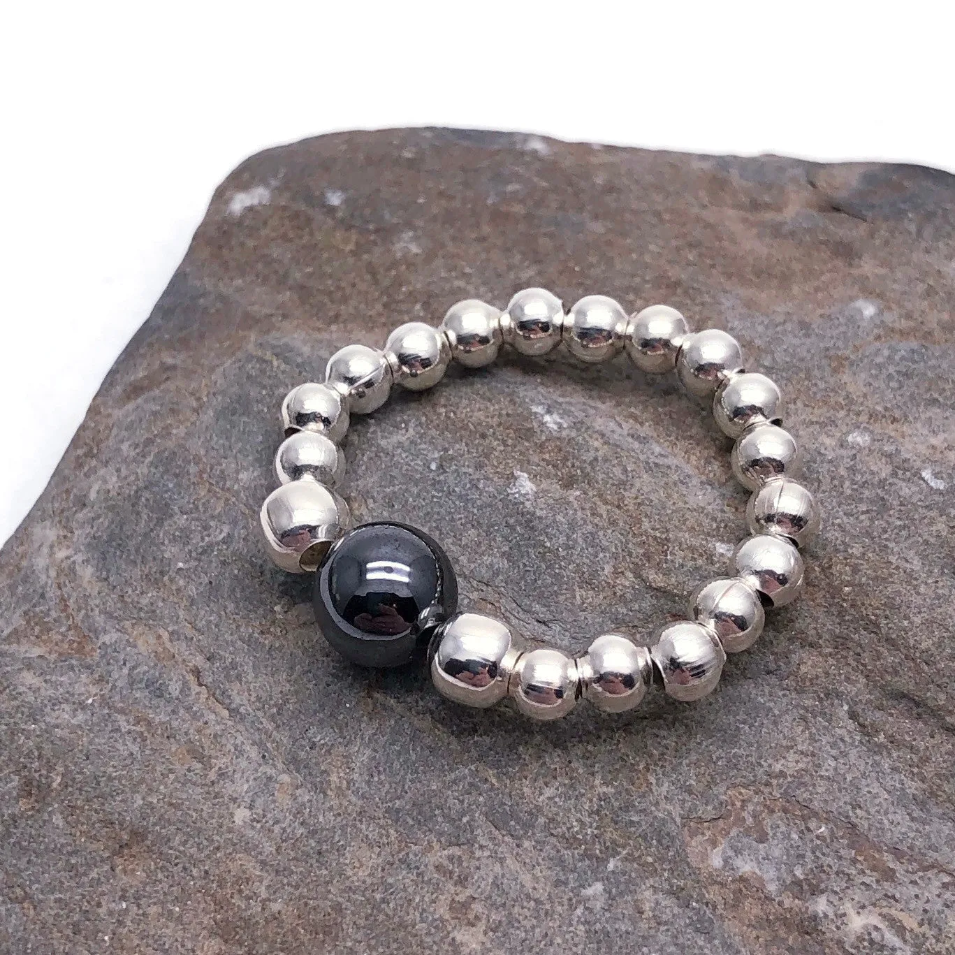 Hematite Stretch Ring with Silver Plated Beads