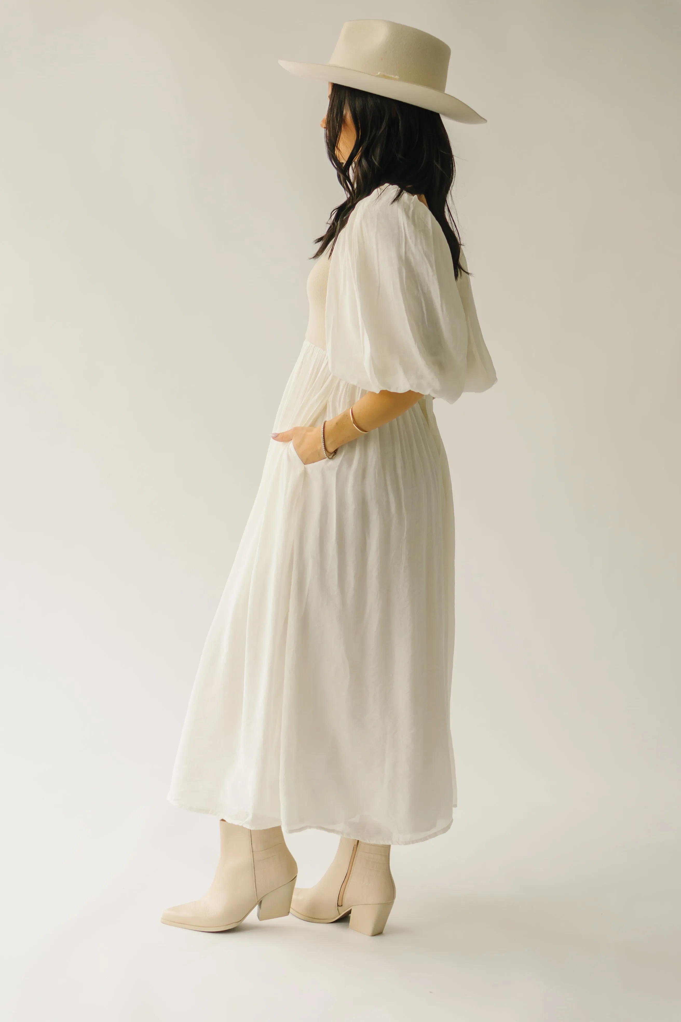 The Raina Puff Sleeve Midi Dress in Natural