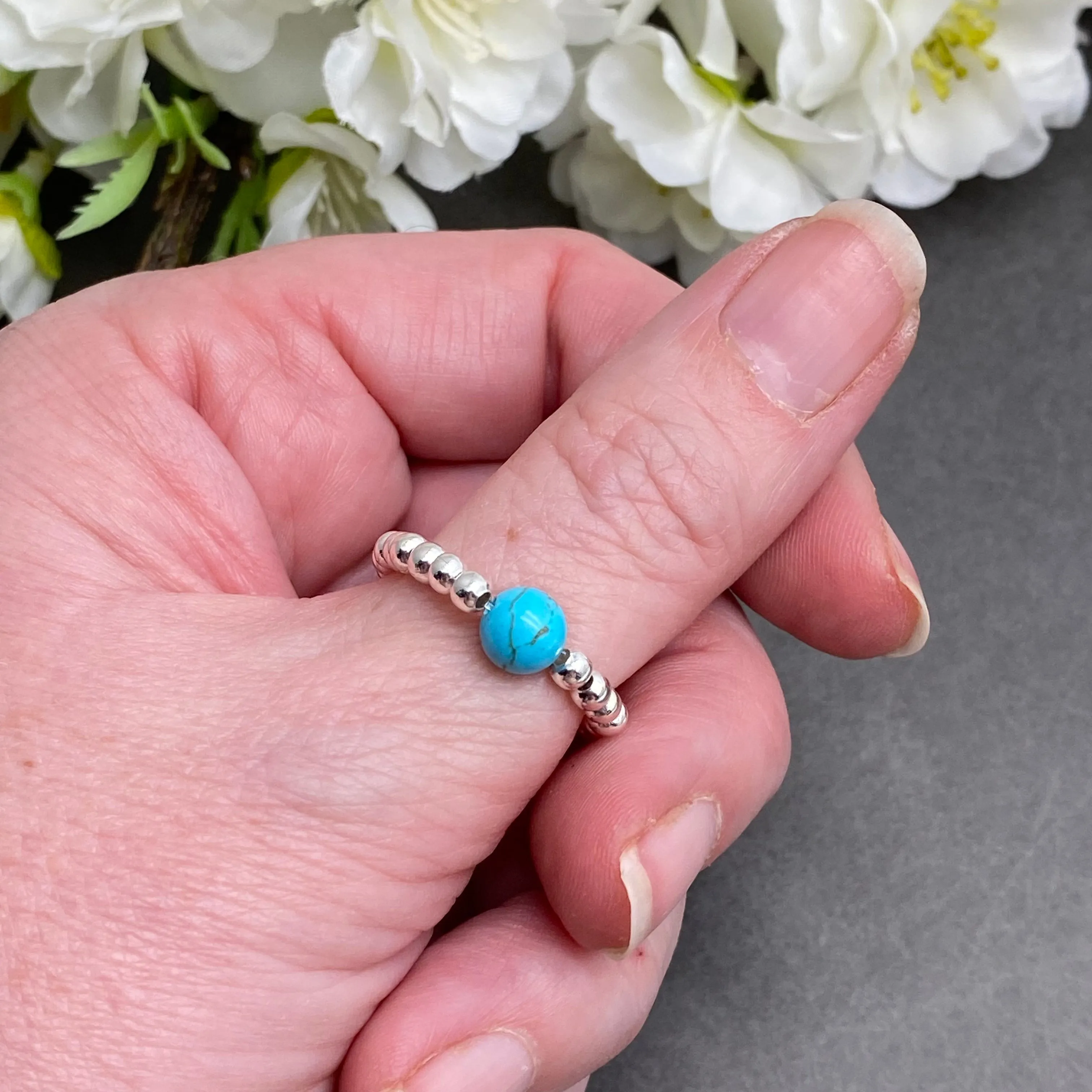 Turquoise Stretch Ring with Silver Plated Beads