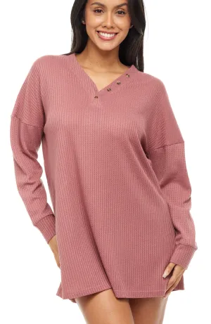 Women's Long Sleeve Oversized Knit Nightshirt, V-neck Sleepshirt, Pajama Top