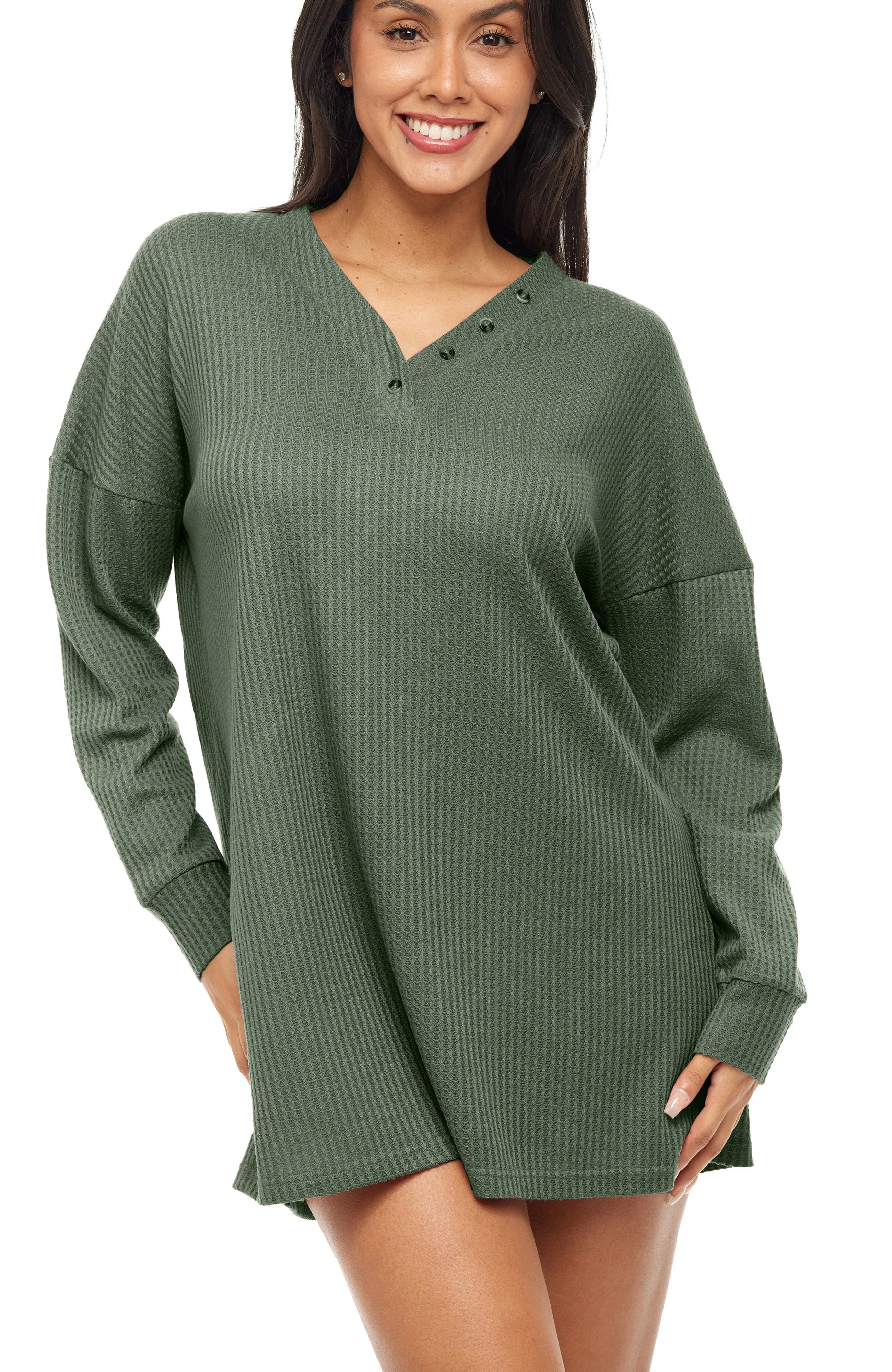 Women's Long Sleeve Oversized Knit Nightshirt, V-neck Sleepshirt, Pajama Top