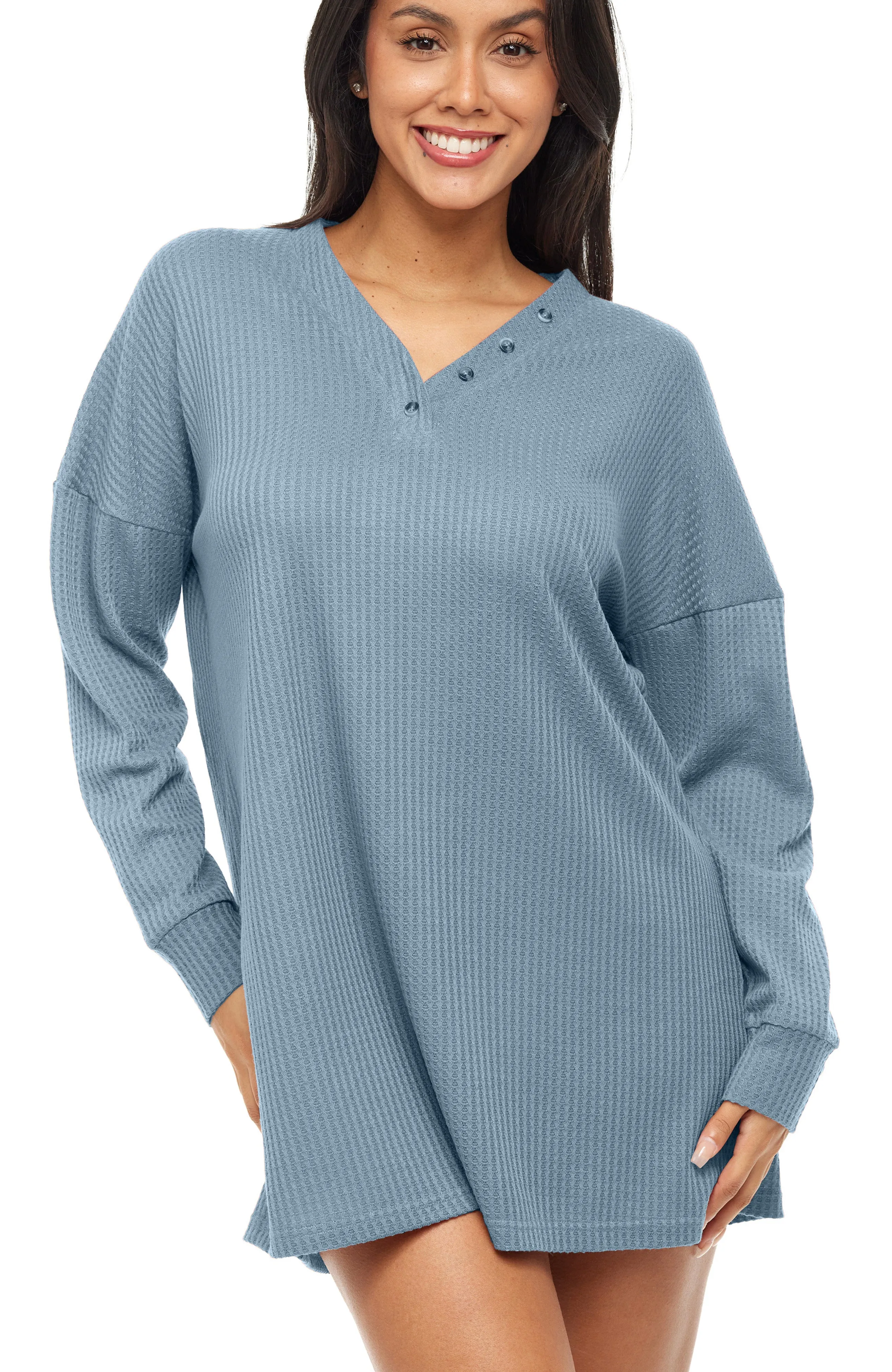 Women's Long Sleeve Oversized Knit Nightshirt, V-neck Sleepshirt, Pajama Top