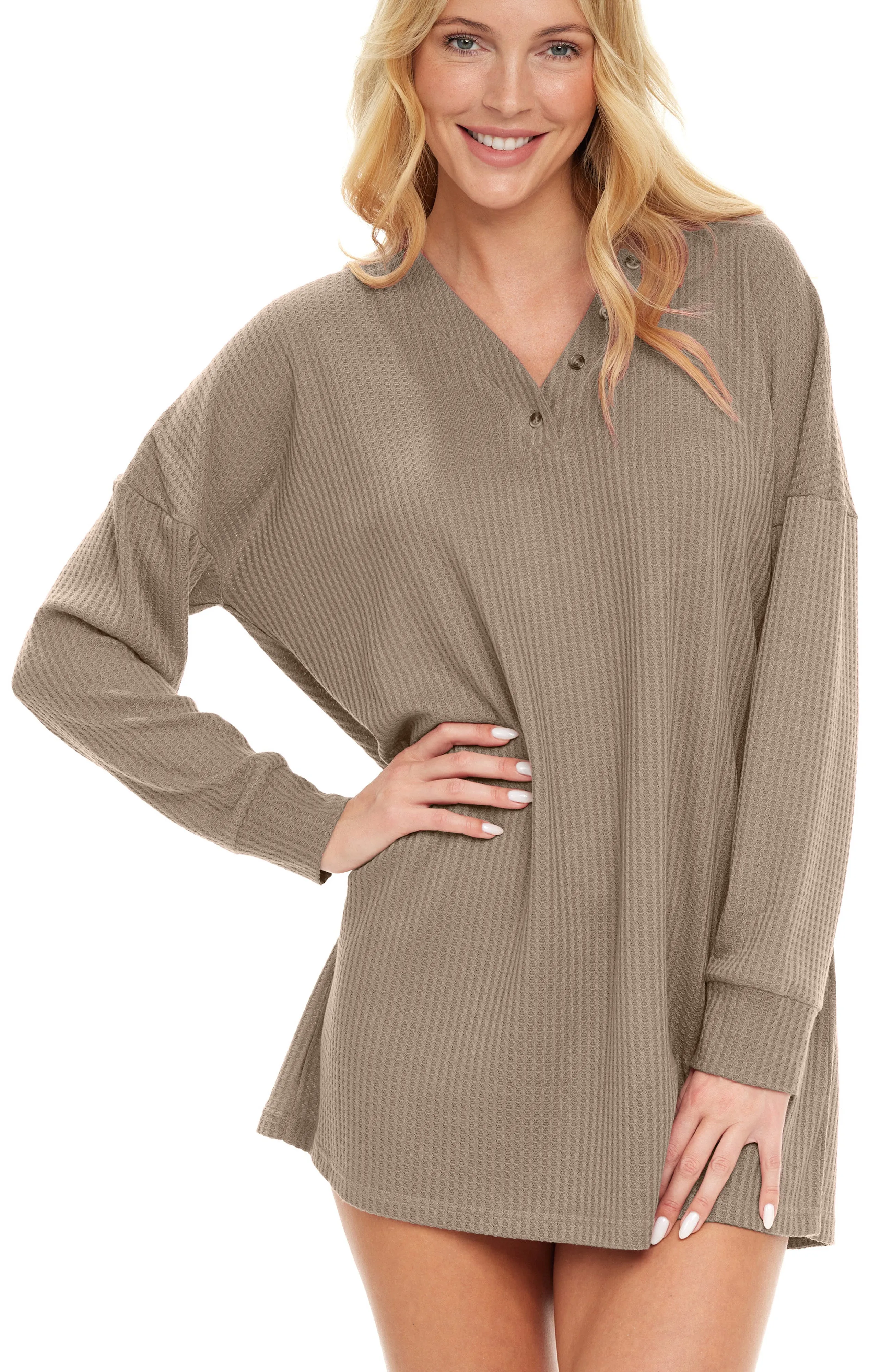 Women's Long Sleeve Oversized Knit Nightshirt, V-neck Sleepshirt, Pajama Top