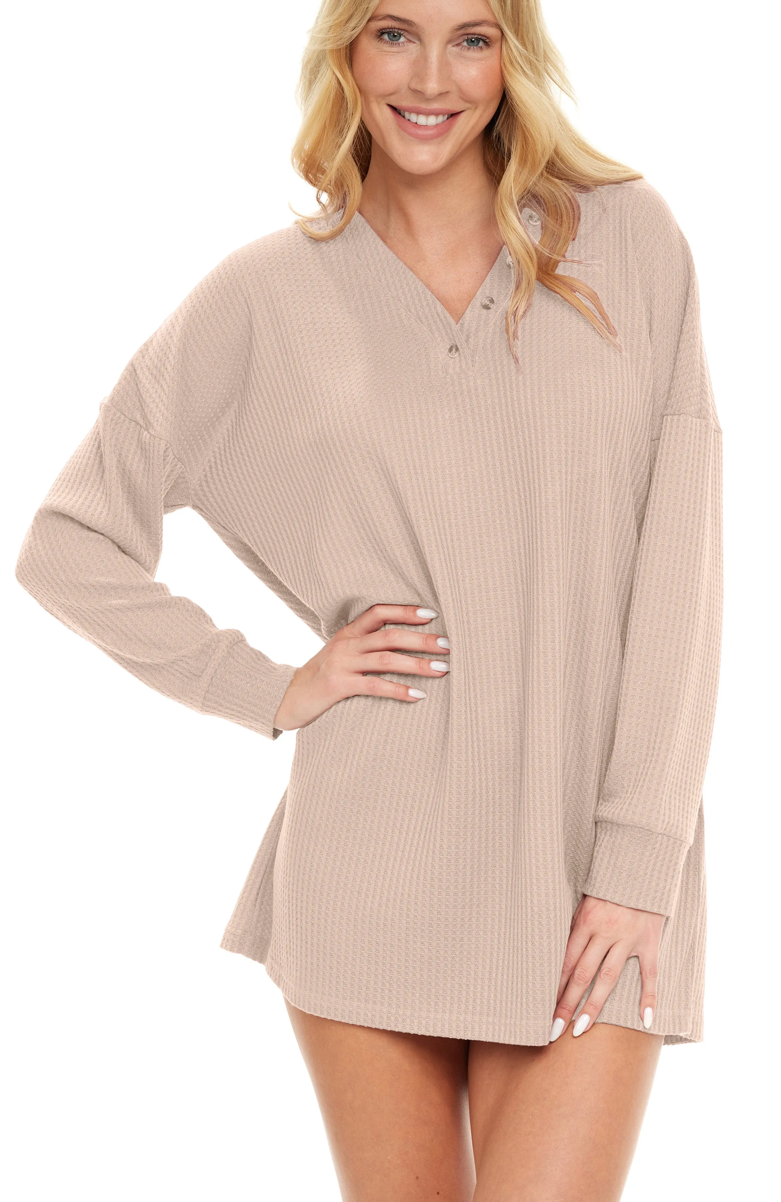 Women's Long Sleeve Oversized Knit Nightshirt, V-neck Sleepshirt, Pajama Top